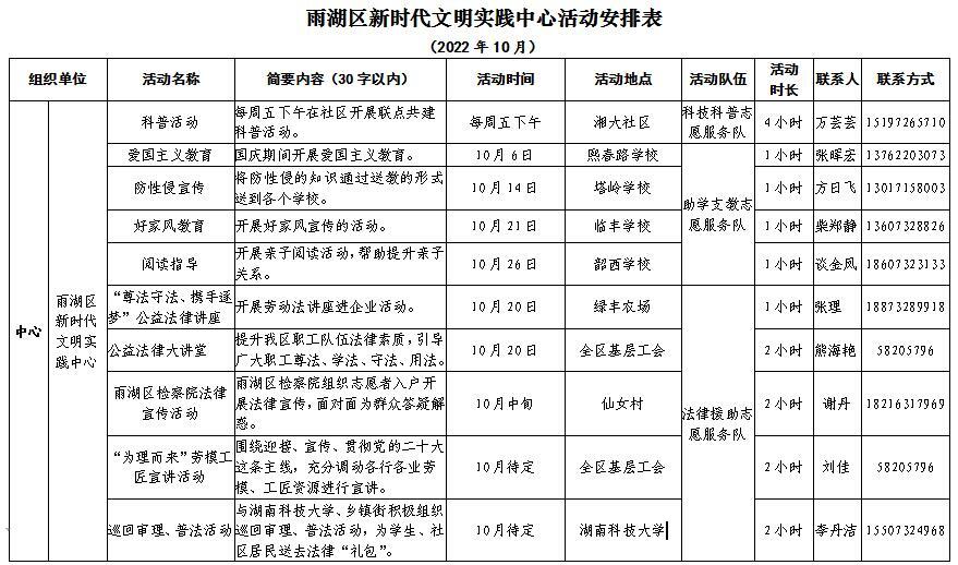 雨湖区新时代文明实践中心10月活动安排
