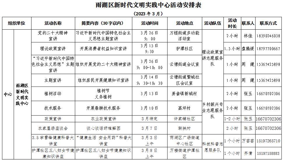 雨湖区新时代文明实践中心3月活动安排
