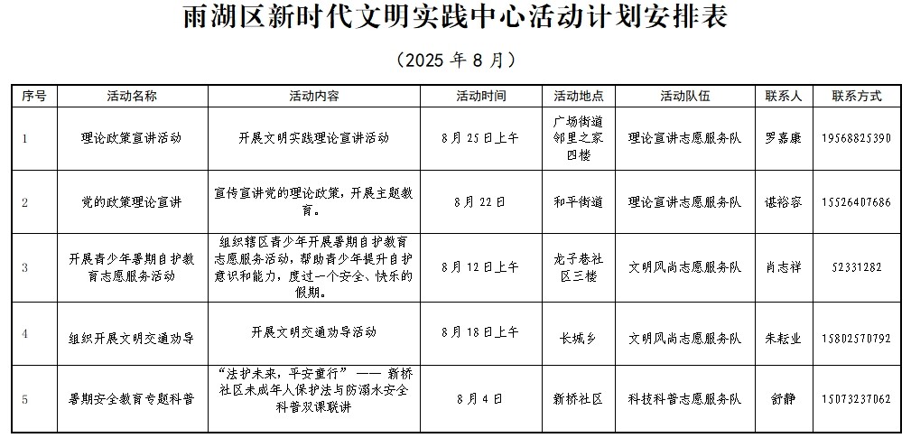 雨湖区新时代文明实践中心8月活动安排