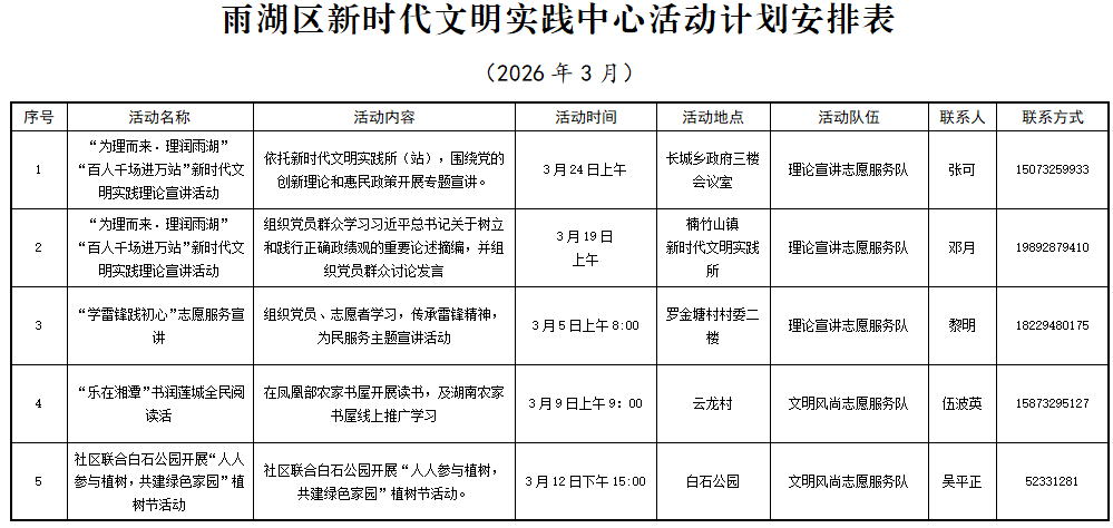 雨湖区新时代文明实践中心3月活动安排